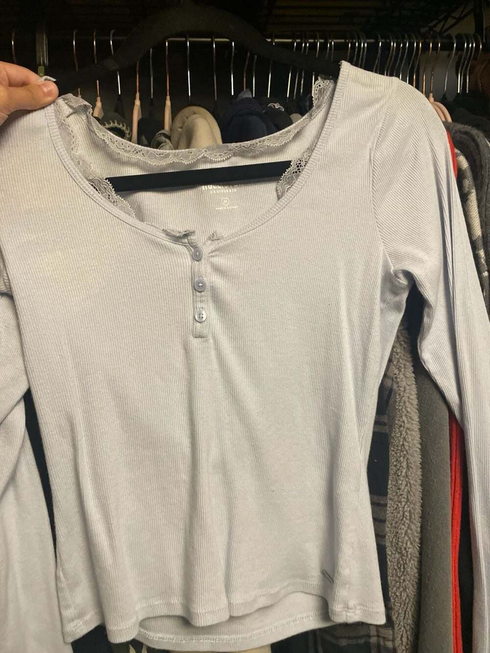 Hollister California Light Blue Ribbed Long Sleeve Henley Top with Lace Trim